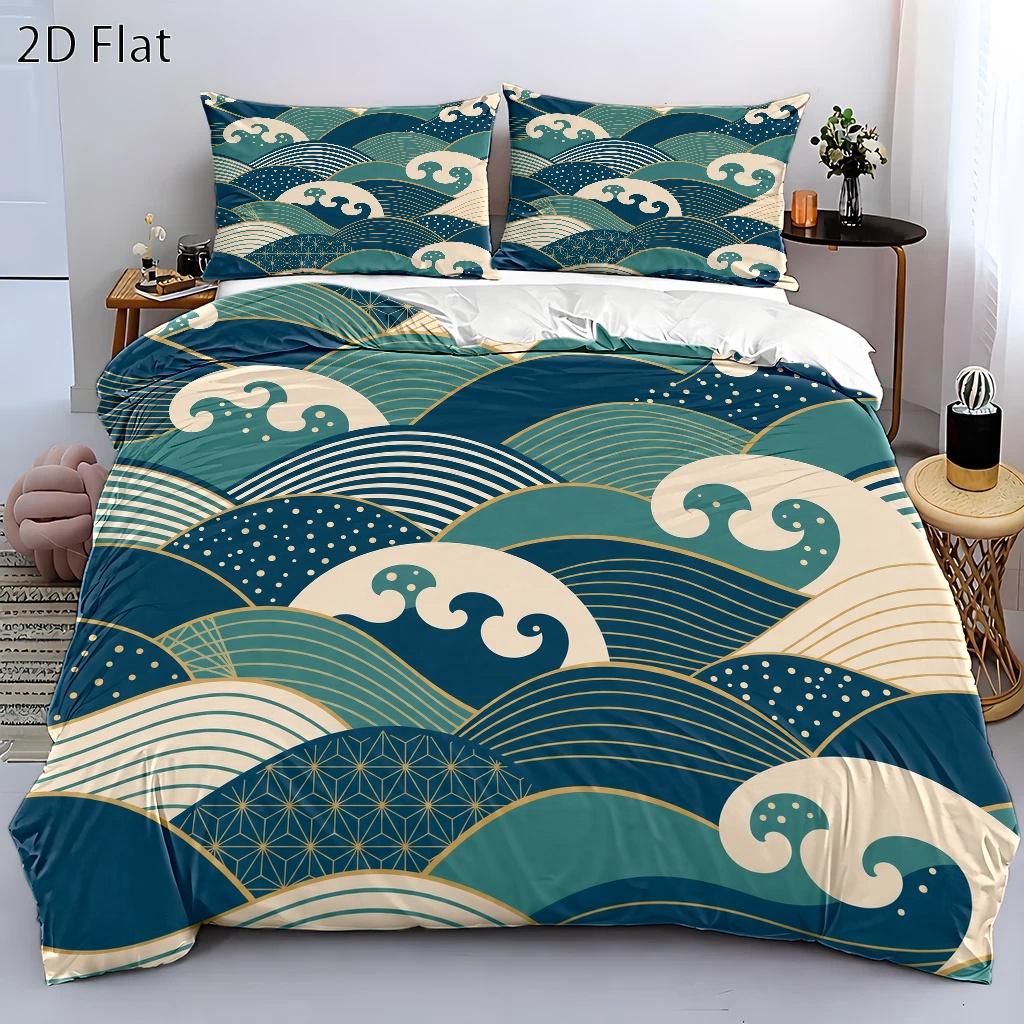 Luxury Gold Skincare - 3-Piece Japanese-Style Wave Pattern Duvet Cover